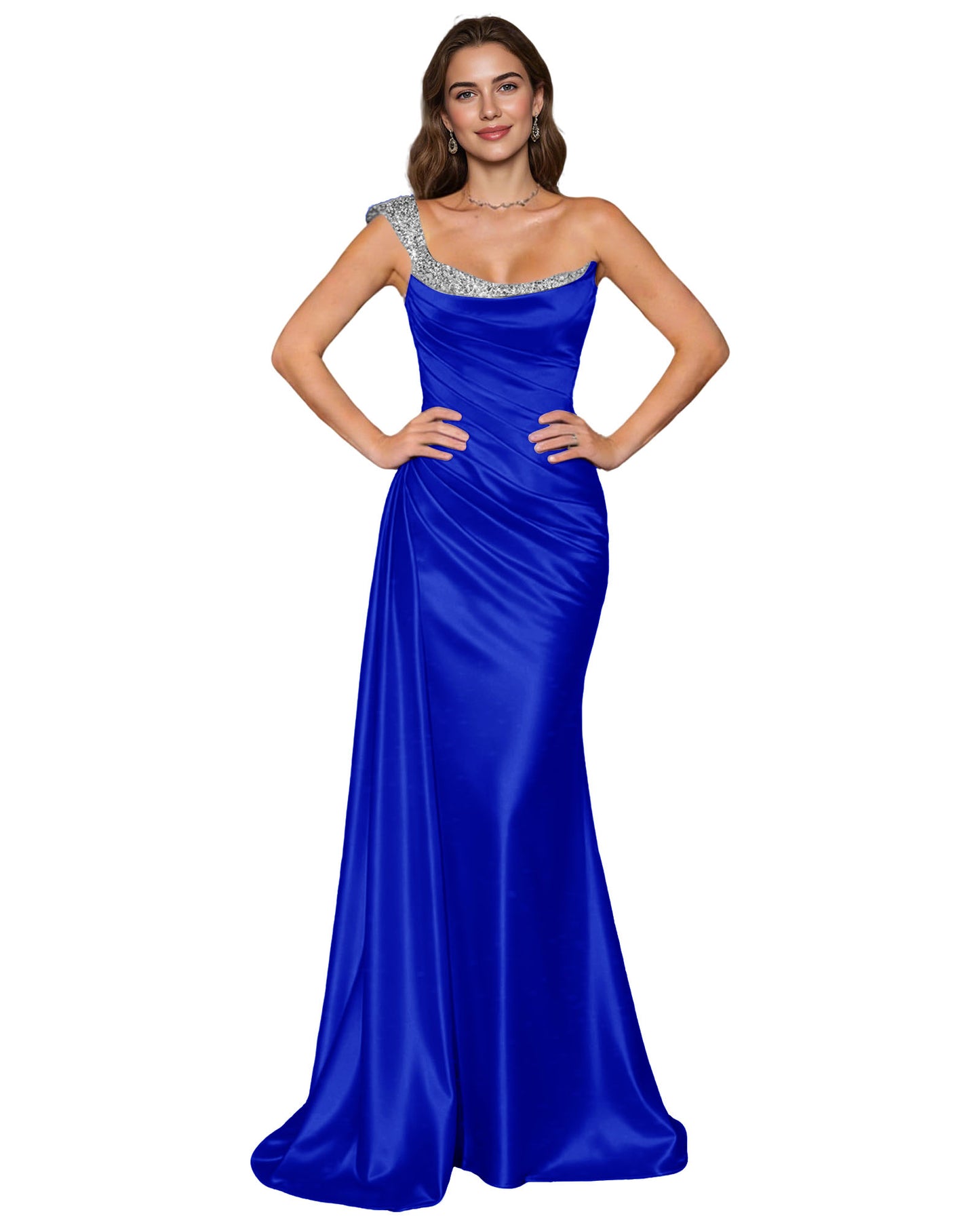 Spaghetti Strap Satin Mermaid Prom Dress with Draped Cowl Neck