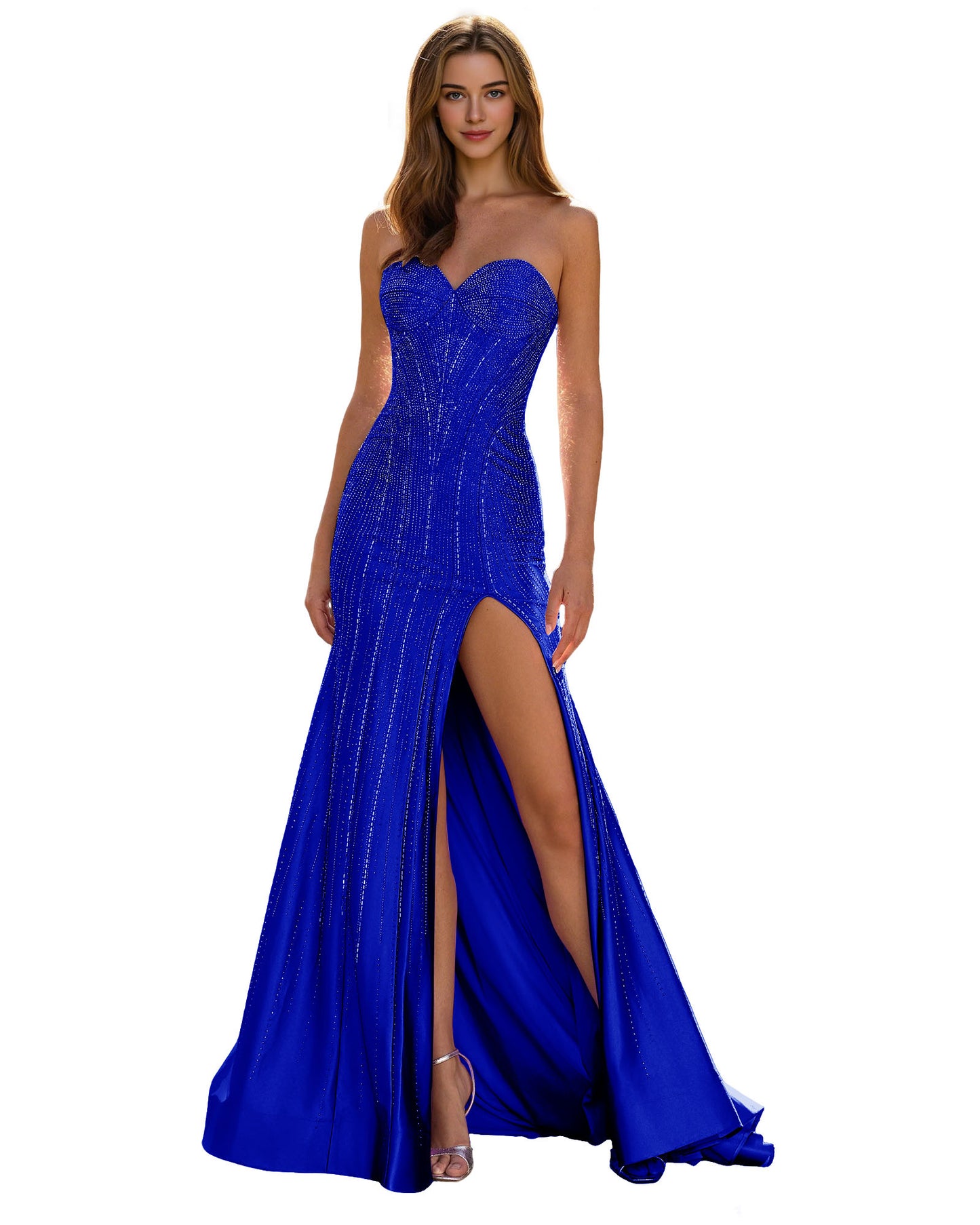 Strapless Sequin Column Prom Dress with Side Slit and Sweep Train