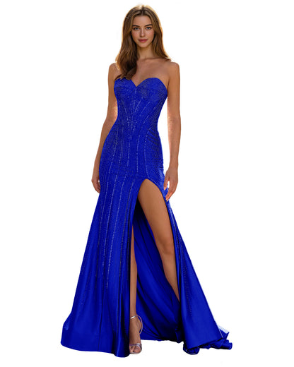 Strapless Sequin Column Prom Dress with Side Slit and Sweep Train