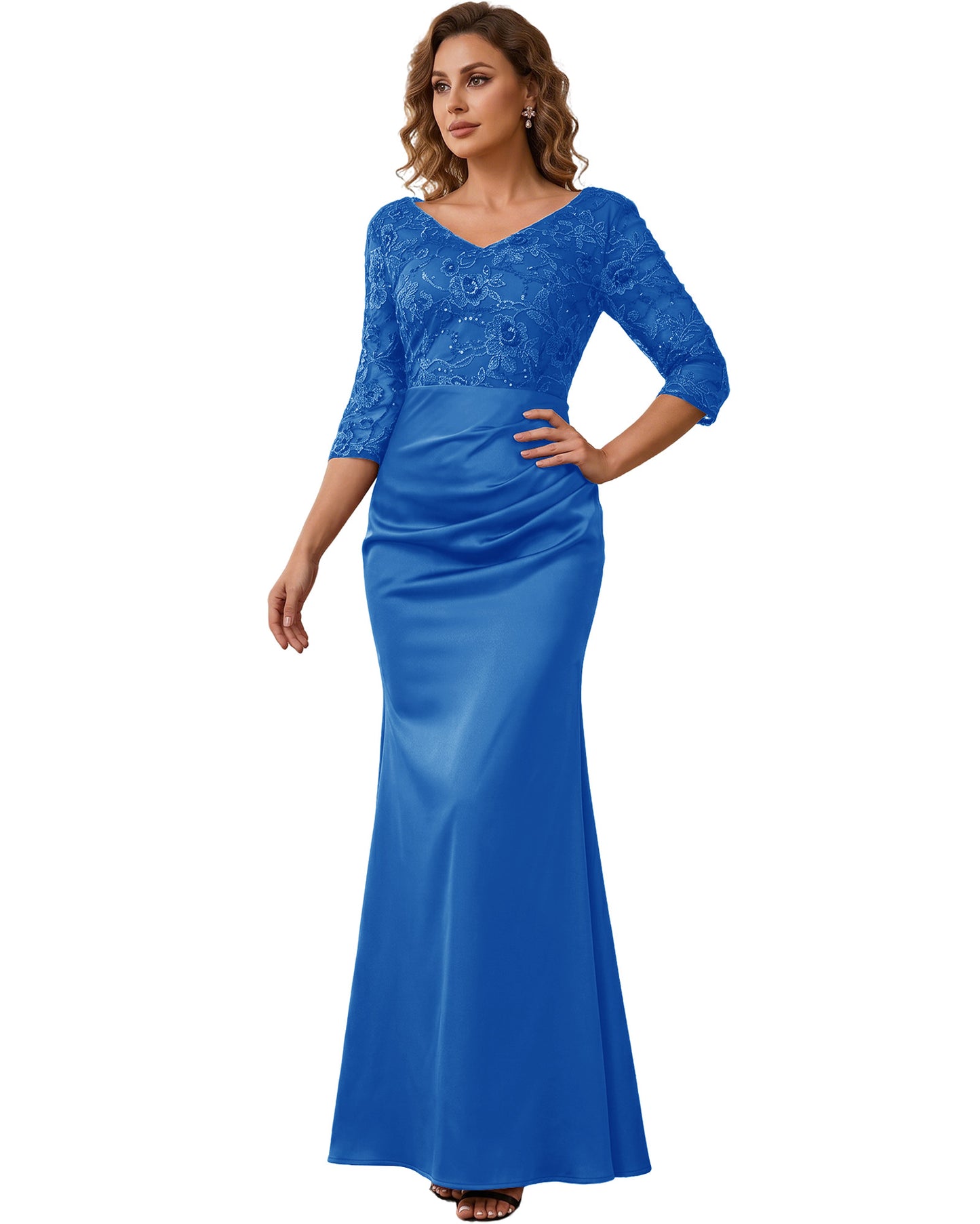 Mother of the Bride Dress Long Lace Mermaid Formal Gown with 3/4 Sleeves