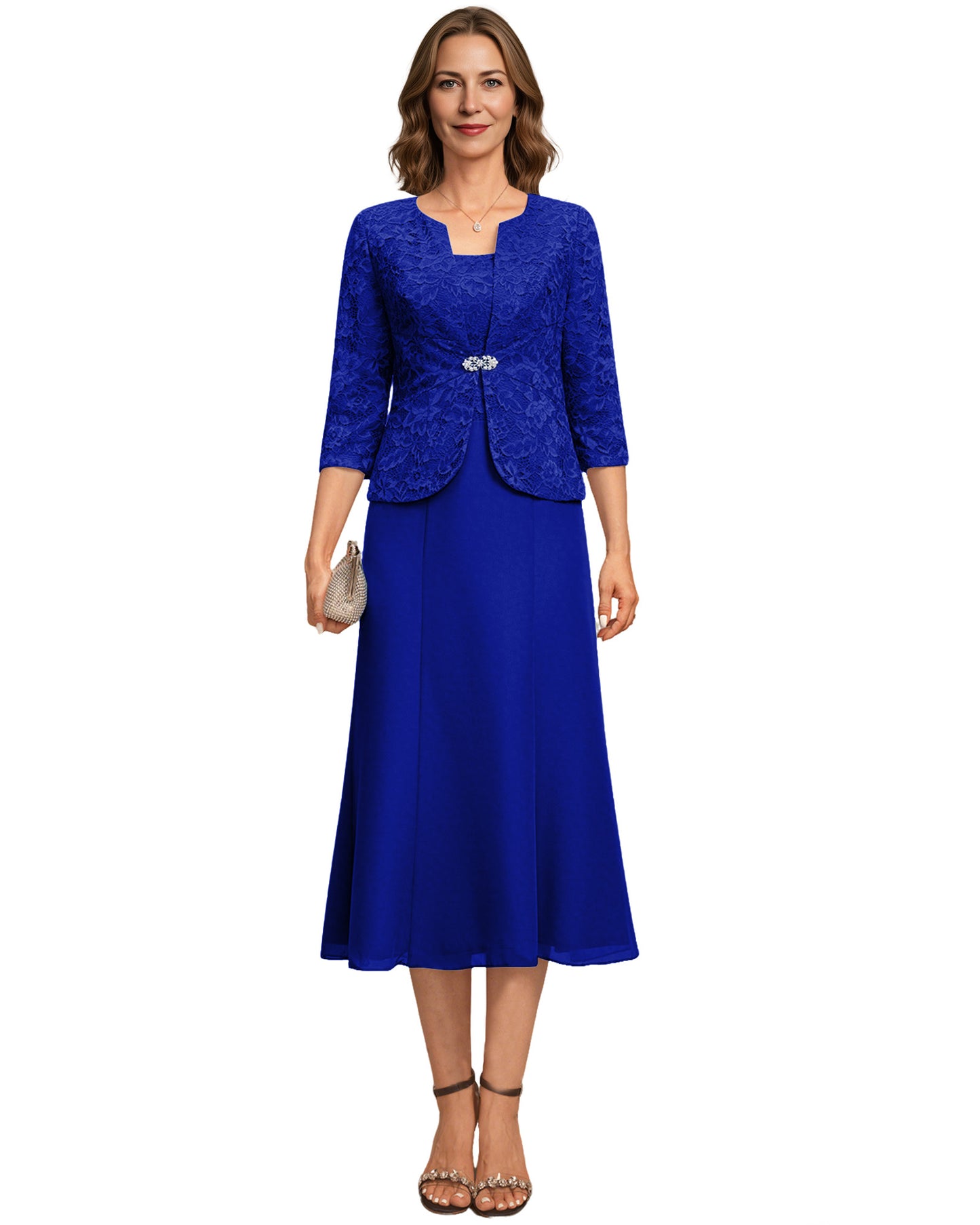 Tea Length Mother of the Bride Dress Lace Jacket Chiffon A-Line Wedding Guest Outfit