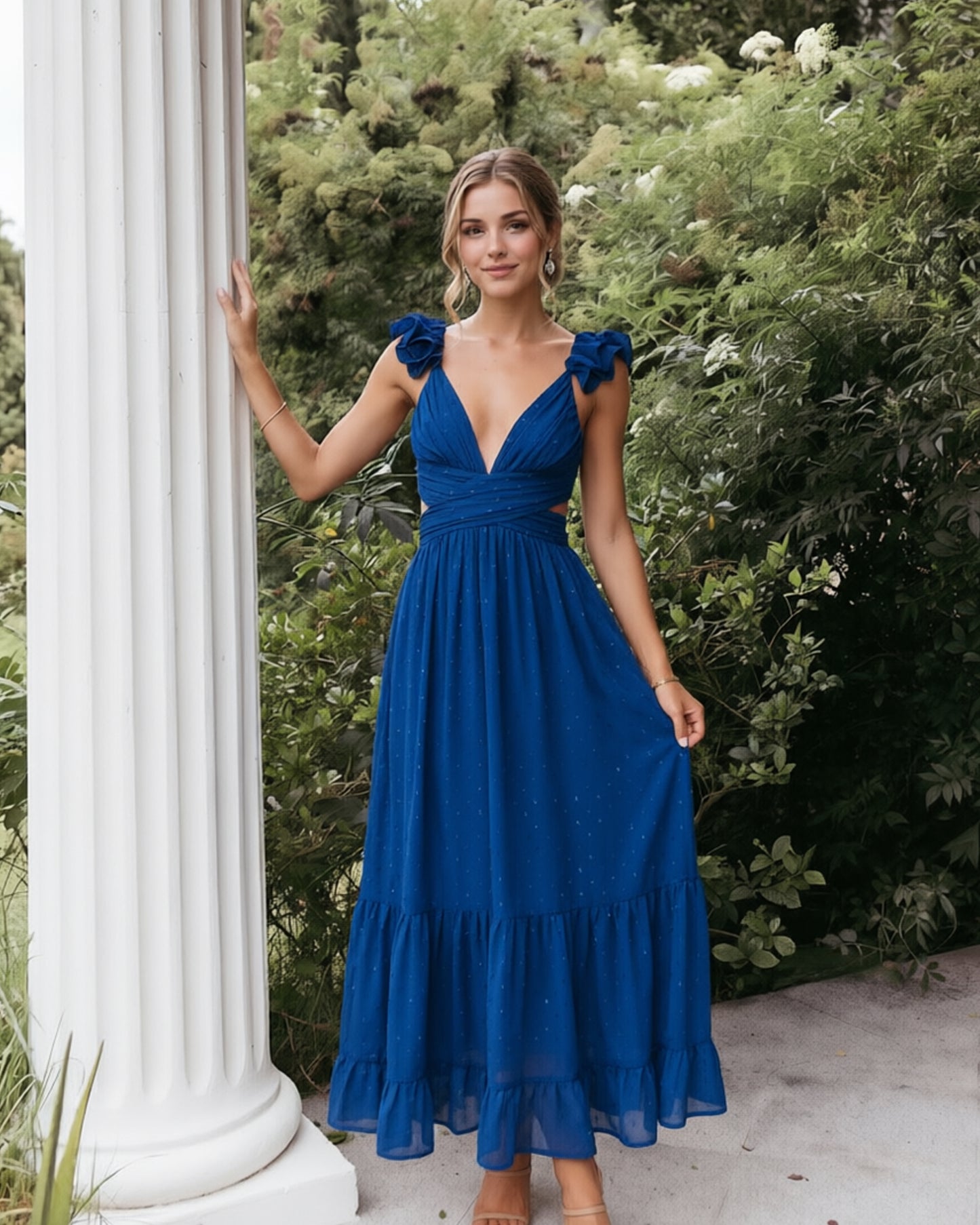 Deep V-Neck Swiss Dot Chiffon Bridesmaid Dress with Ruffle Straps