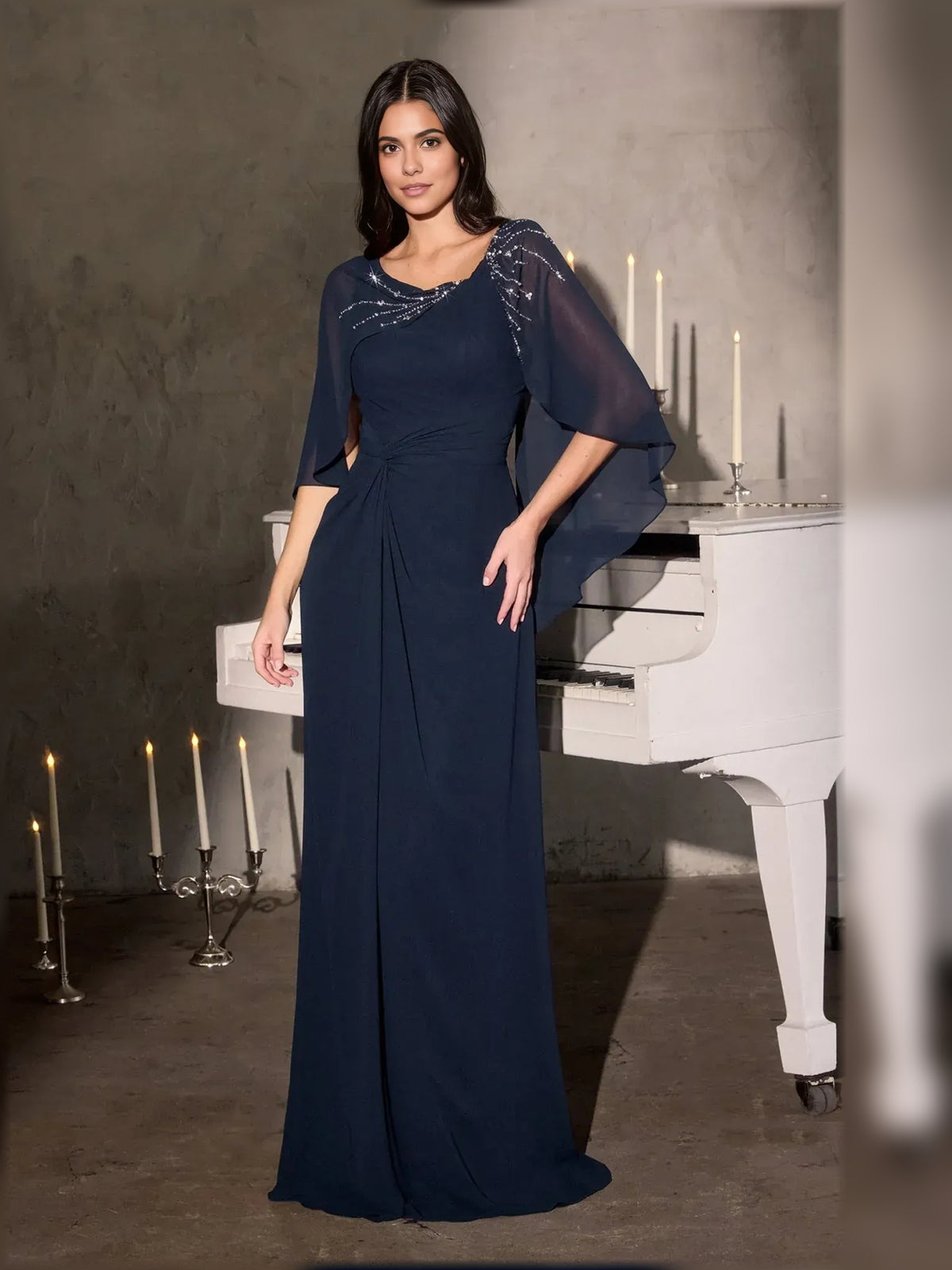 Ruched Crystal Scoop Neck Column Floor-Length Chiffon Mother of the Bride Dress for Formal Reception