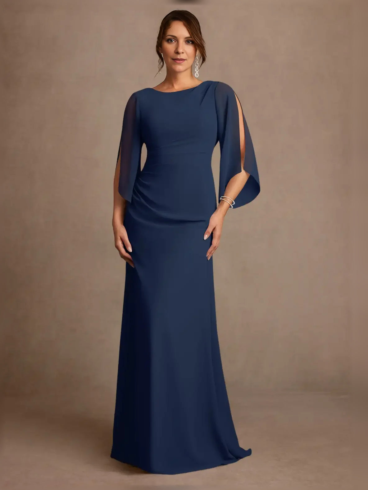 Draped Boat Neck A-Line Floor-Length Chiffon Mother of the Bride Dress for Wedding Ceremony