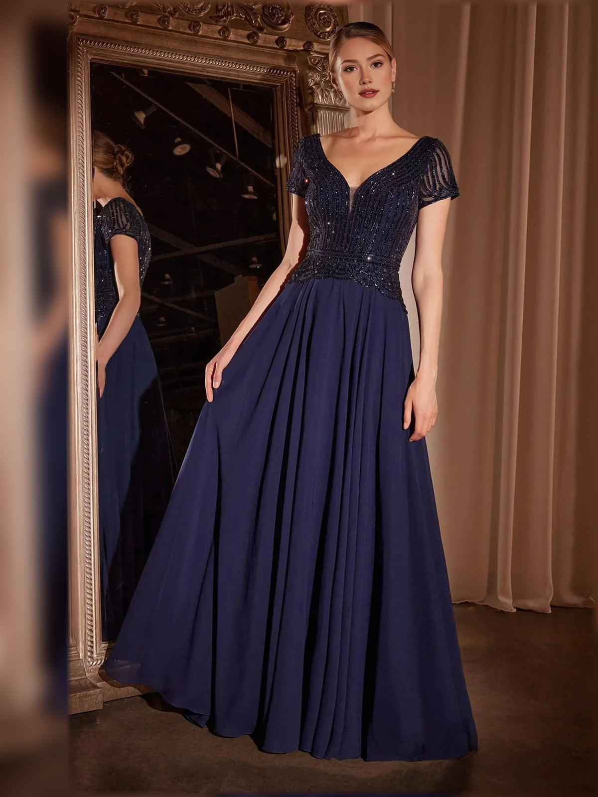 Beaded V Neck A-Line Short Chiffon Mother of the Bride Dress for Church Wedding