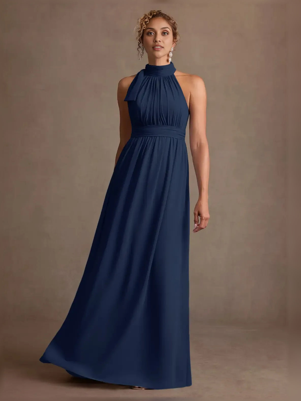 Halter Neck Ruching A-Line Floor-Length Sophisticated Formal Dress