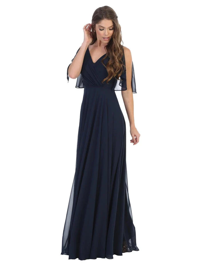 Ruffled V Neck A-Line Maxi Chiffon Bridesmaid Dress for Wedding Reception