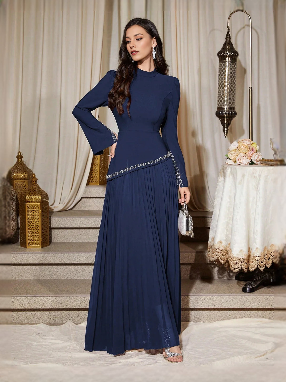Pleated Corset High Neck A-Line Maxi Chiffon Mother of the Bride Dress for Gala Dinner
