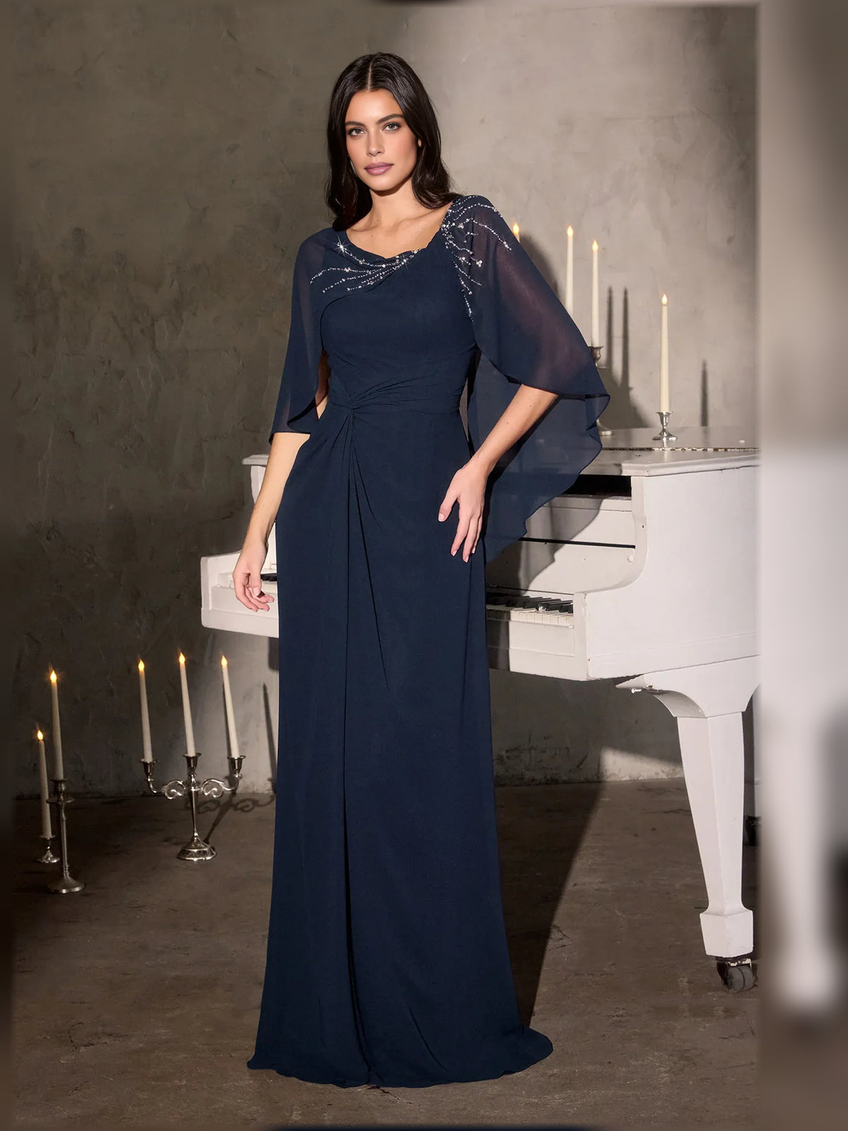 Beaded Scoop Neck Column Floor-Length Chiffon Mother of the Bride Dress for Formal Dinner