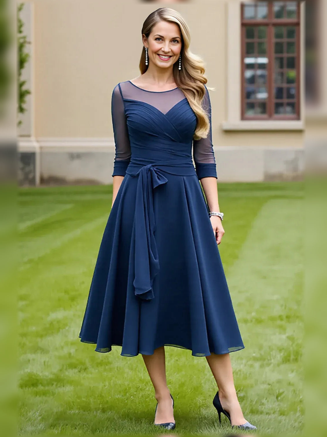 Ruched Draped Illusion Neck A-Line Midi Chiffon Mother of the Bride Dress for Evening Wedding