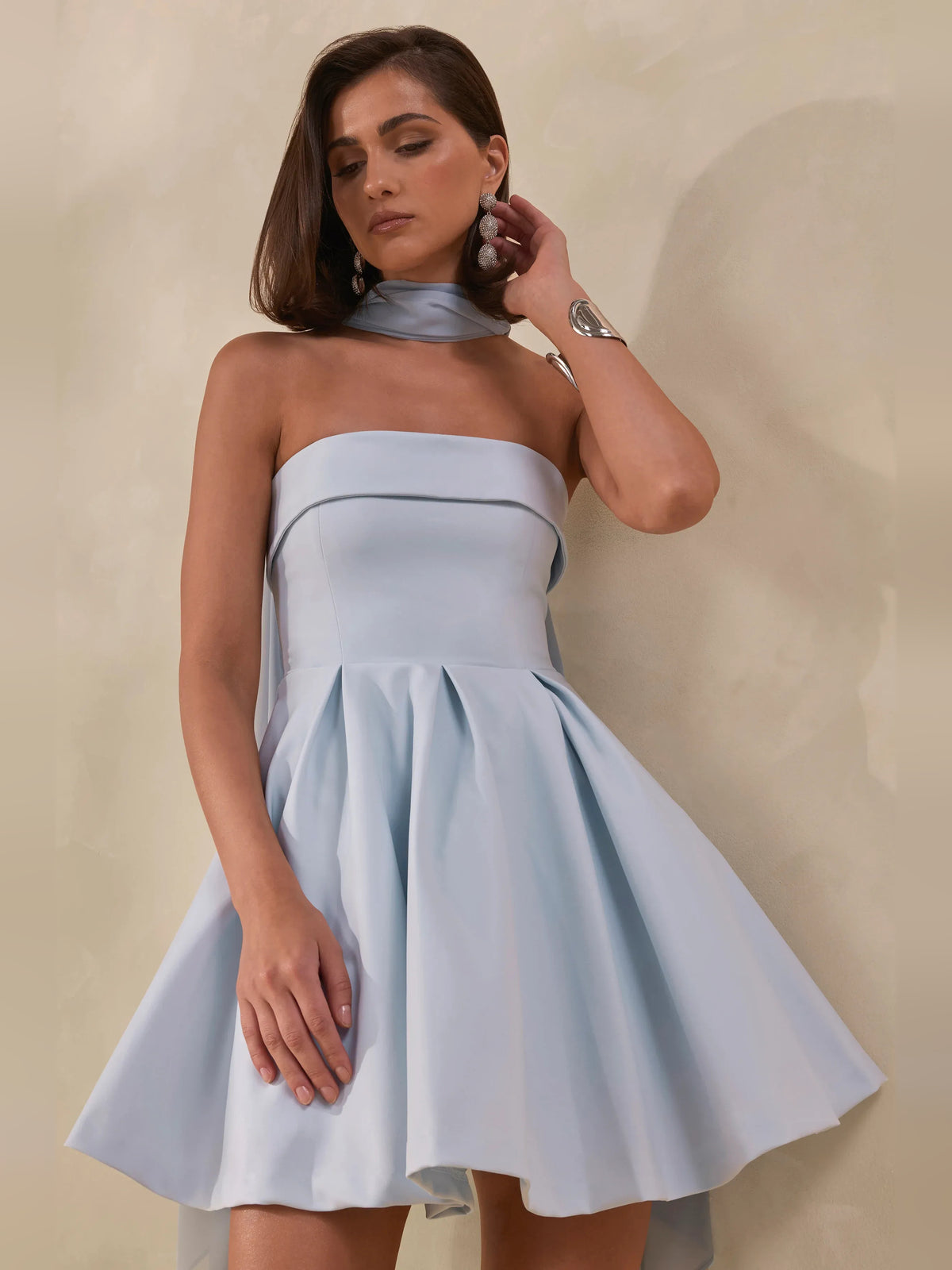 Pleated Bow Sweetheart Fit-and-Flare Mini Crepe Homecoming Dress for Holiday Party