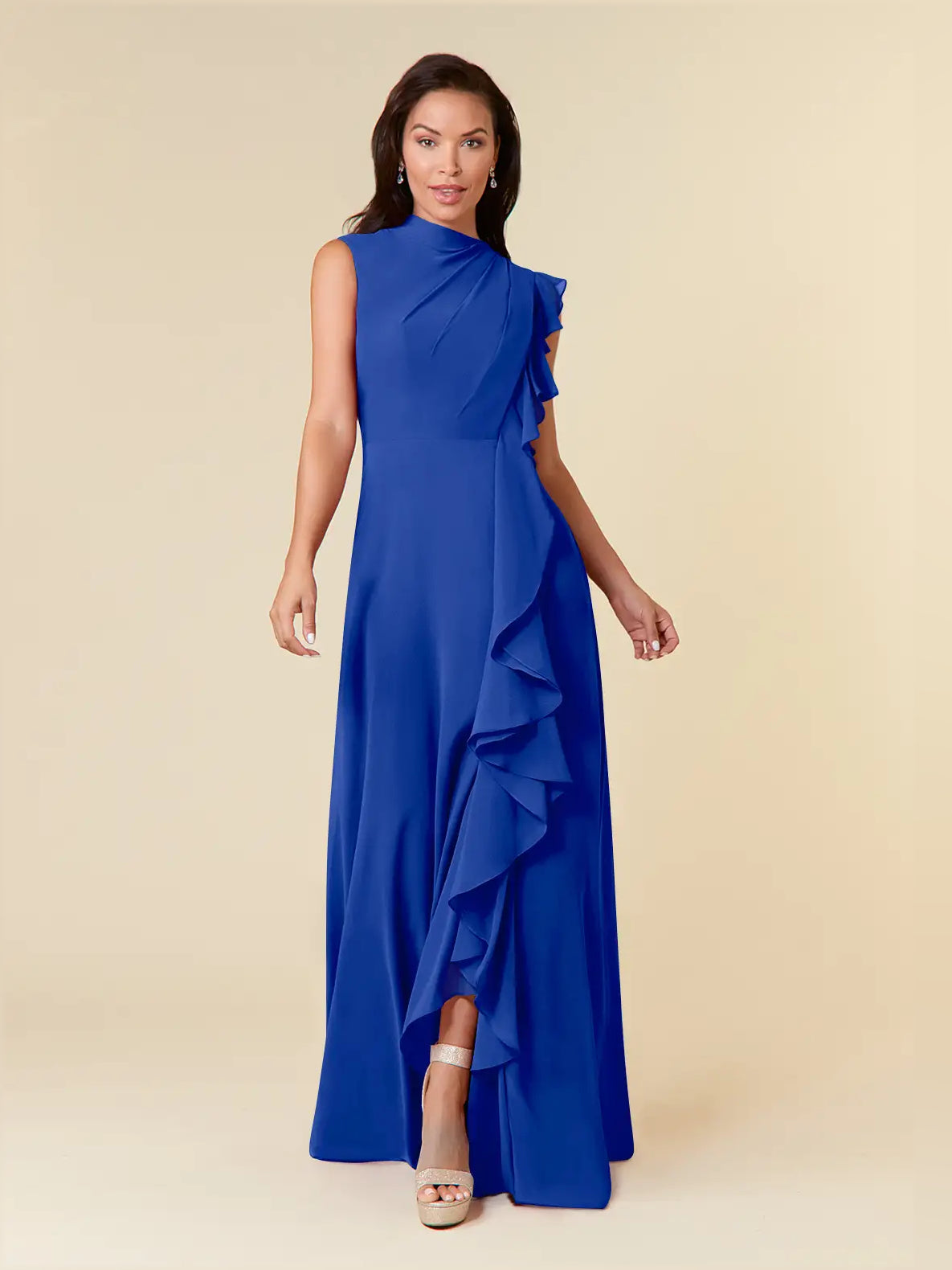 Draped Ruffled High Neck A-Line Maxi Chiffon Bridesmaid Dress for Church Wedding