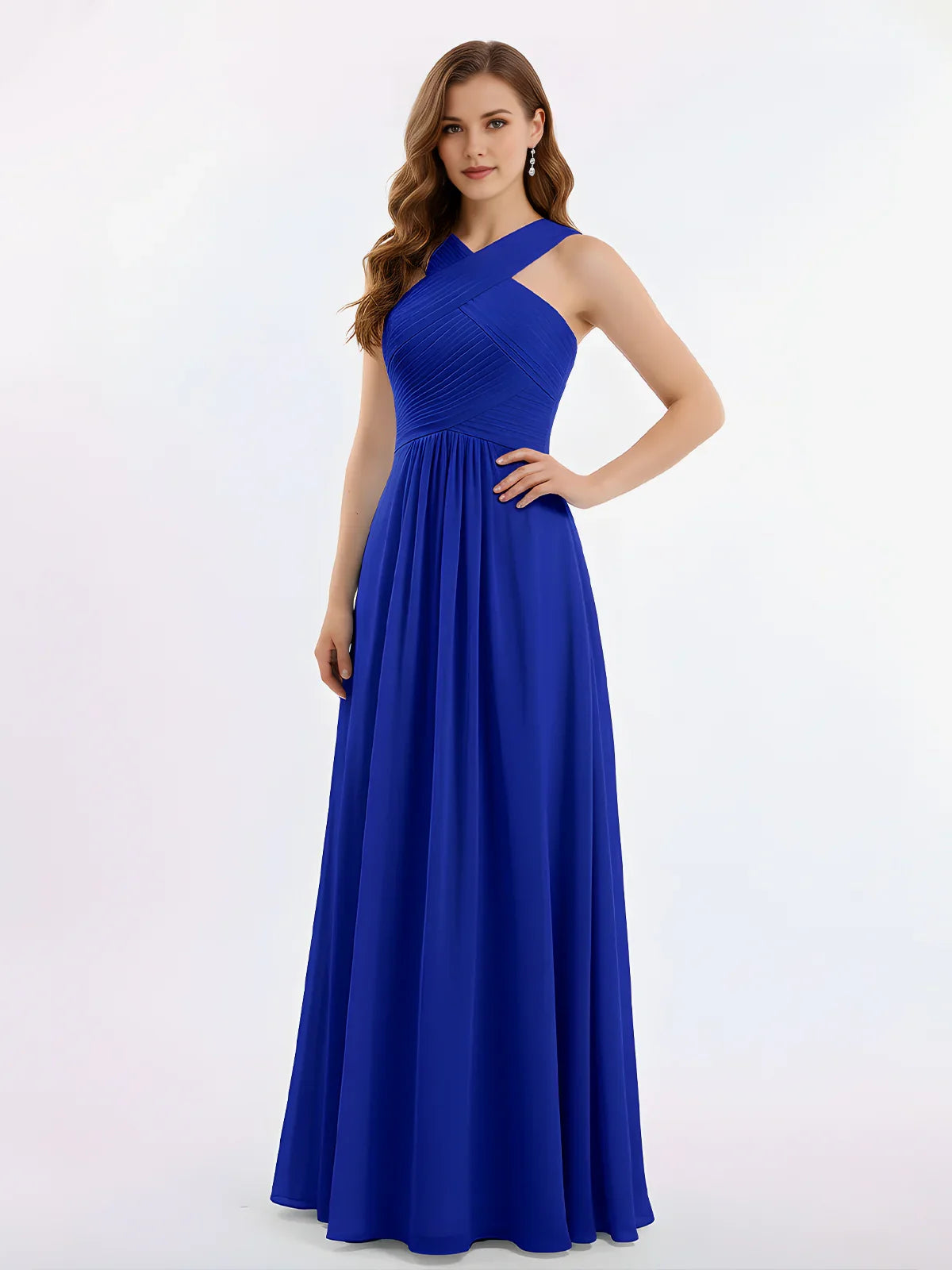 Pleated Halter Neck A-Line Maxi Chiffon Bridesmaid Dress for Estate Wedding