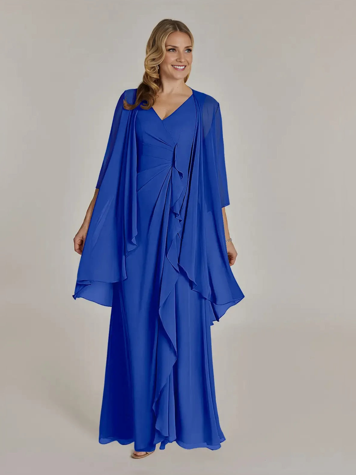 Layered Ruffled V Neck Sheath Maxi Chiffon Mother of the Bride Dress for Reception Dinner