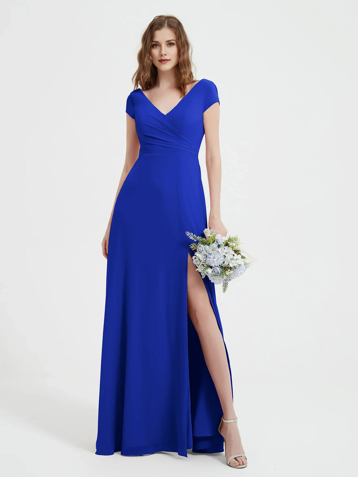 Ruched Side-Slit Slit V Neck A-Line Maxi Chiffon Bridesmaid Dress for Wedding Ceremony