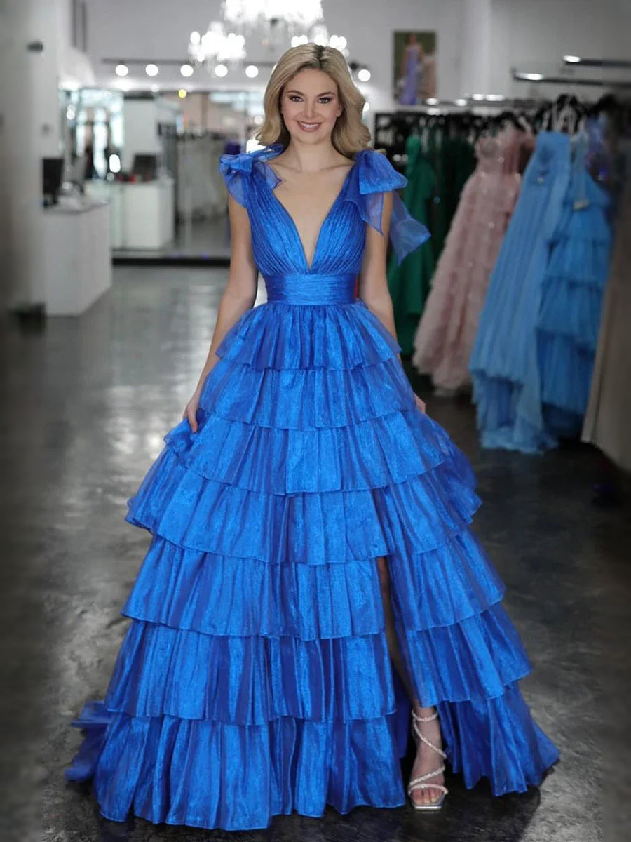 Tiered Ruffled V Neck A-Line Maxi Tulle Prom Dress for Red Carpet Event