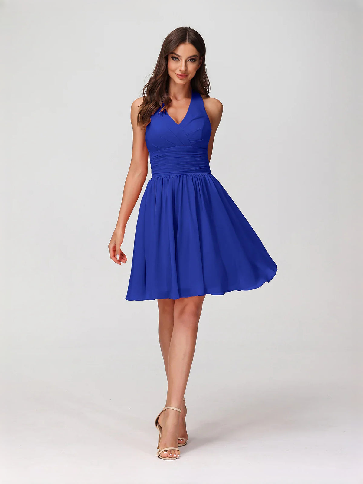 Ruched Halter Neck A-Line Mini Chiffon Bridesmaid Dress for Formal Wedding