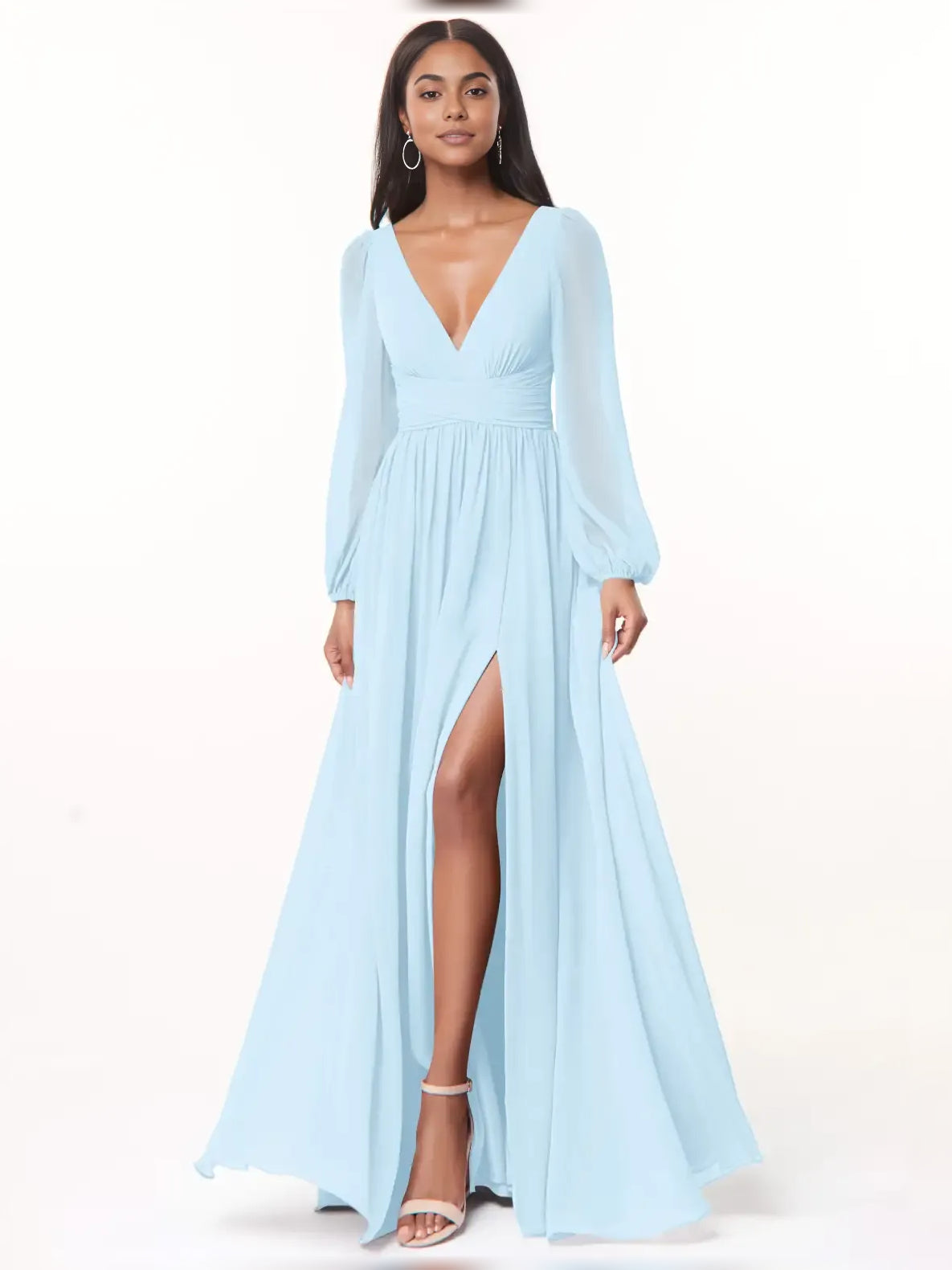 Slit Plunging Neckline A-Line Floor-Length Chiffon Bridesmaid Dress for Wedding Ceremony