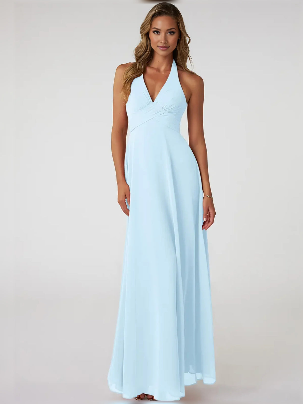 Ruched Pleated V Neck A-Line Maxi Chiffon Bridesmaid Dress for Estate Wedding