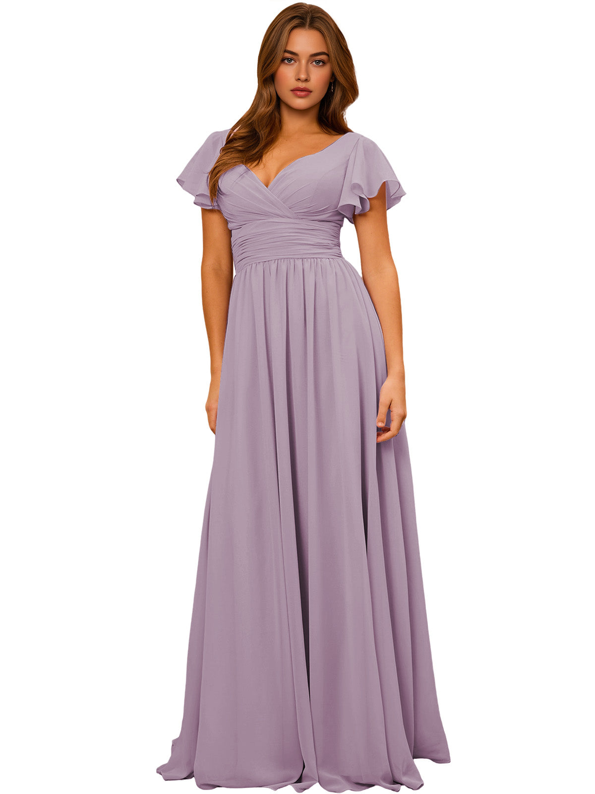 V-Neck Flutter Sleeve Chiffon Bridesmaid Dress with Empire Waist