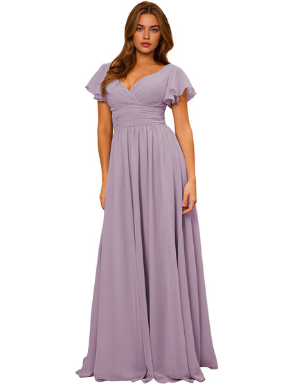 V-Neck Flutter Sleeve Chiffon Bridesmaid Dress with Empire Waist