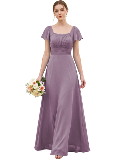 Square Neck Chiffon Bridesmaid Dress with Flutter Sleeves and Lace-Up Back