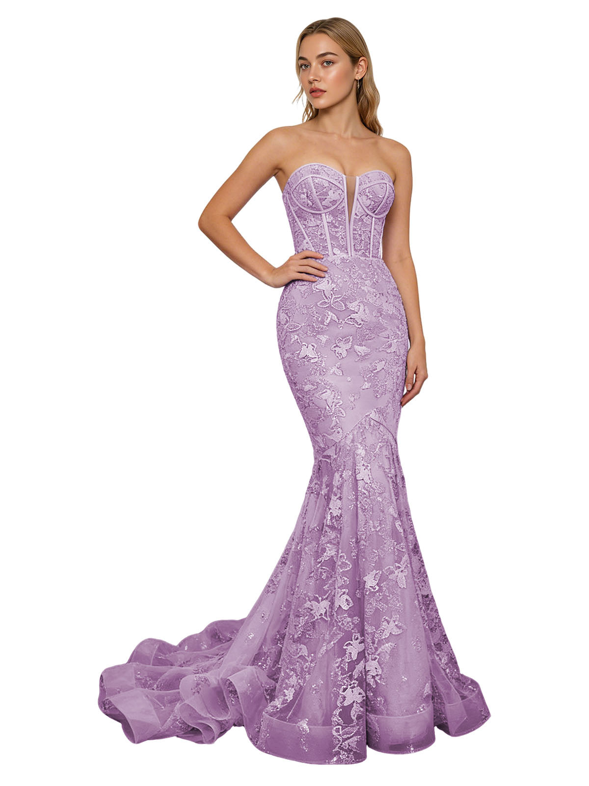 Strapless Lavender Lace Mermaid Prom Dress with Sheer Corset and Train