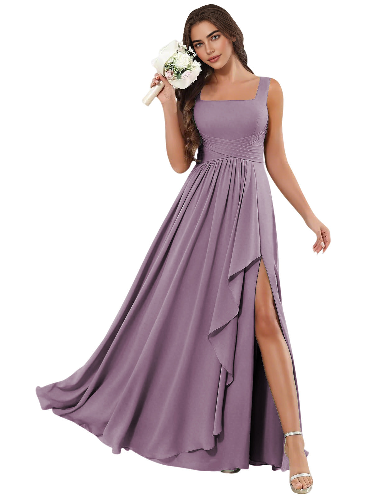 Square Neck Chiffon Bridesmaid Dress with Corset Back and Slit