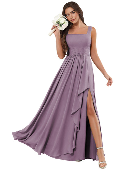 Square Neck Chiffon Bridesmaid Dress with Corset Back and Slit