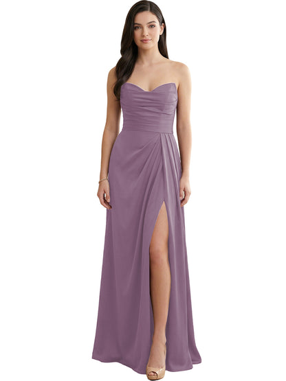 Strapless Pleated Satin Bridesmaid Dress with Side Slit