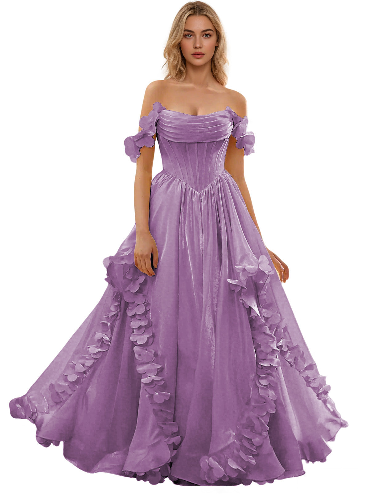 Off Shoulder Ruffle Tulle Ball Gown Prom Dress with Floral Applique
