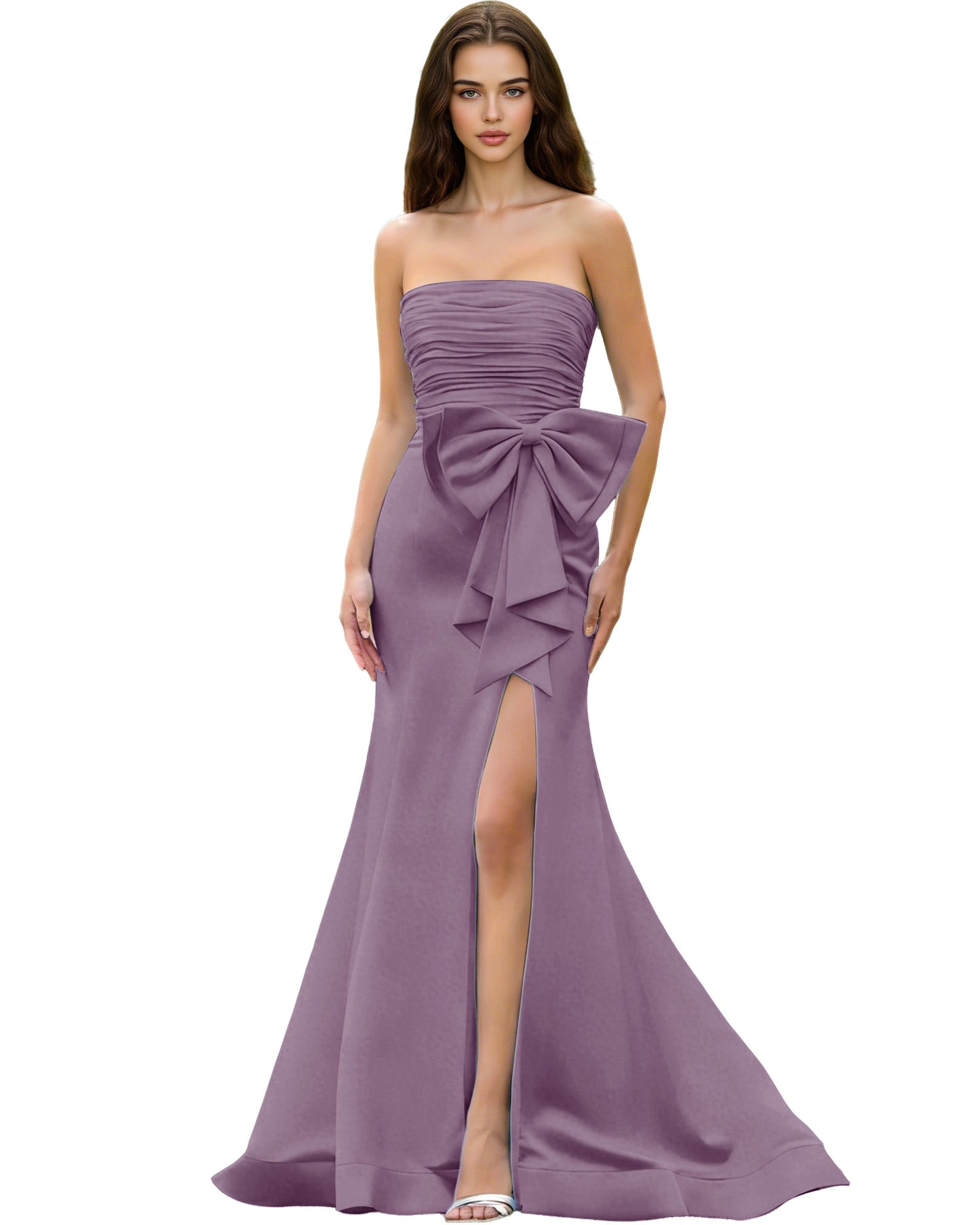 Strapless Bow Detail Satin Prom Dress with Ruched Bodice and Slit