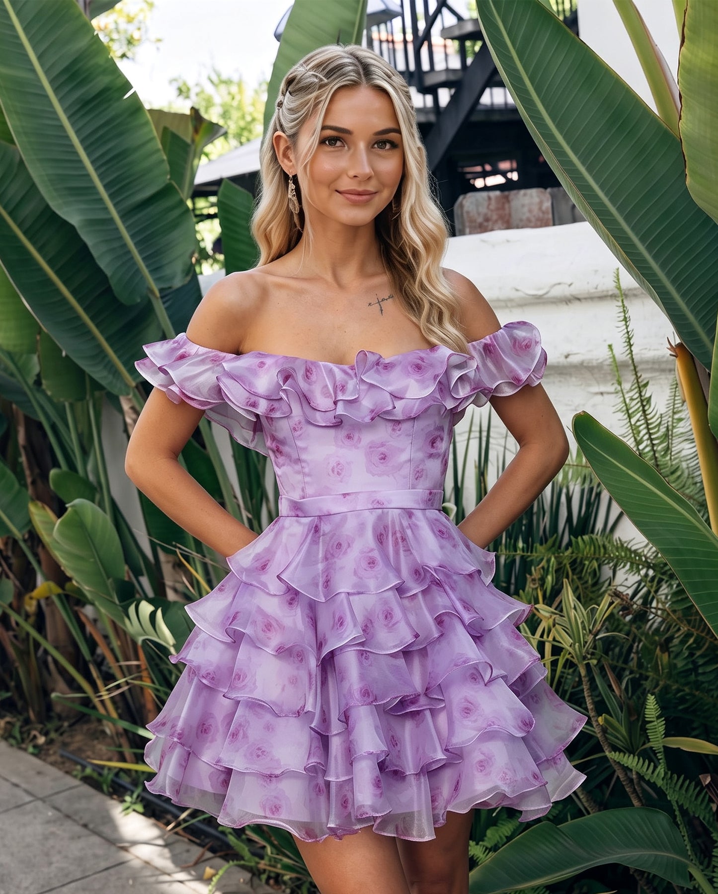 Off-Shoulder 3D Floral Ruffle A-Line Mini Homecoming Dress