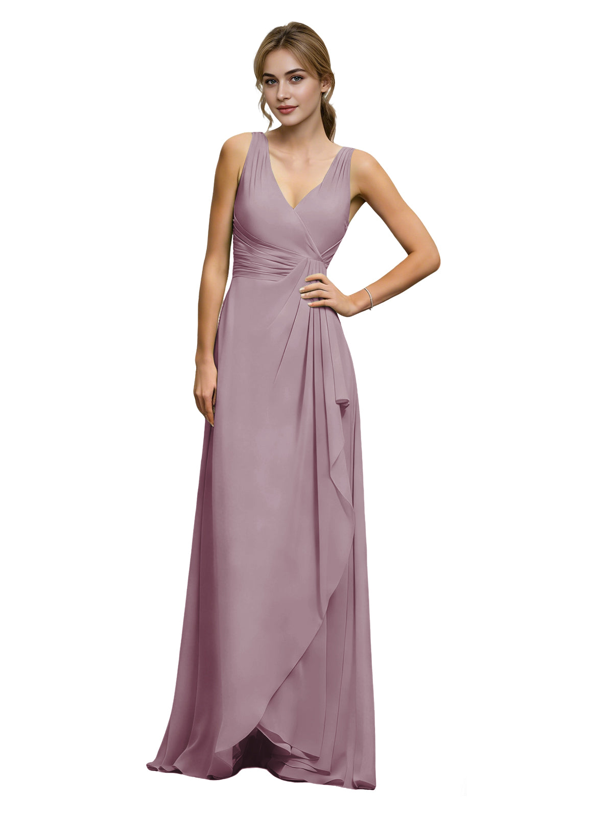 Halter V-Neck Chiffon Bridesmaid Dress with Draped Sash Waist