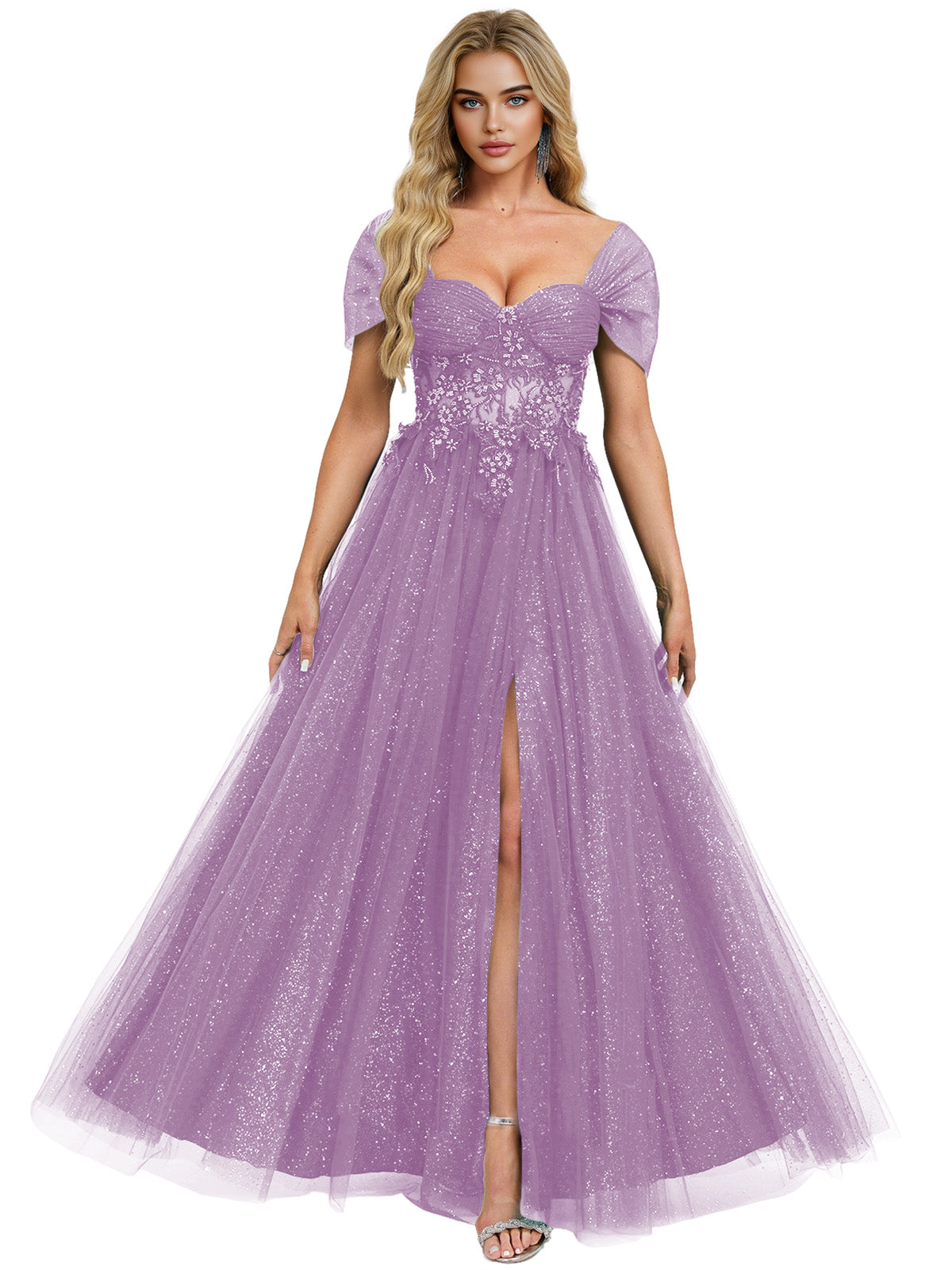 Short Sleeve Glitter Tulle Prom Dress with Illusion Bodice and Slit