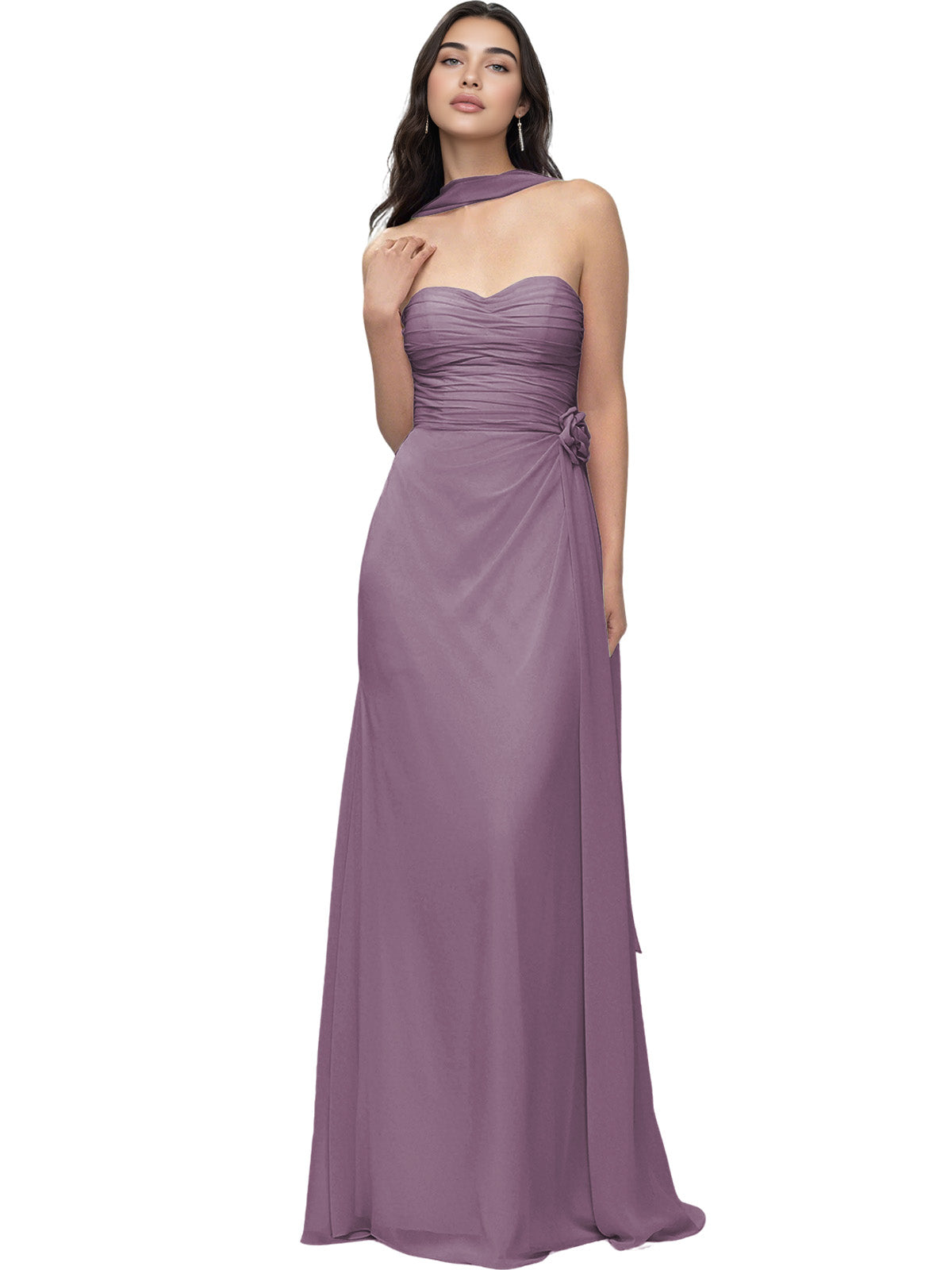 Strapless Chiffon Bridesmaid Dress with Wrapped Bodice and Slit Dress