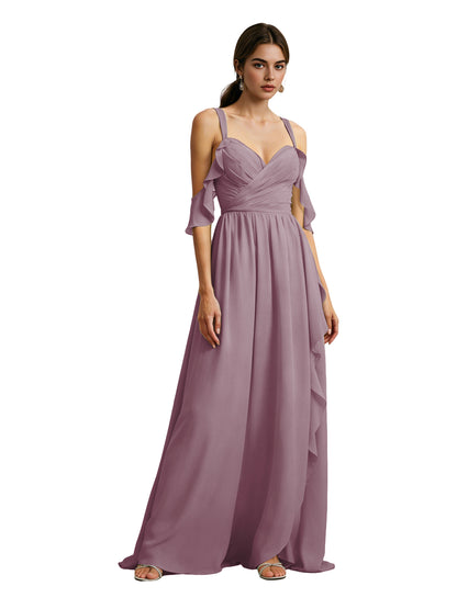 Cold Shoulder Chiffon Bridesmaid Dress with Draped V-Neck Bodice