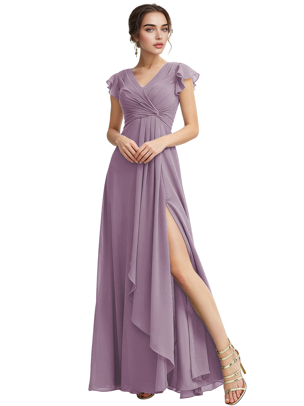 Cap Sleeve Chiffon Bridesmaid Dress with Ruffle V-Neck and Slit