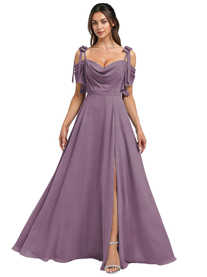 Cowl Neck Cold Shoulder Bridesmaid Dress with High Slit Chiffon Dress