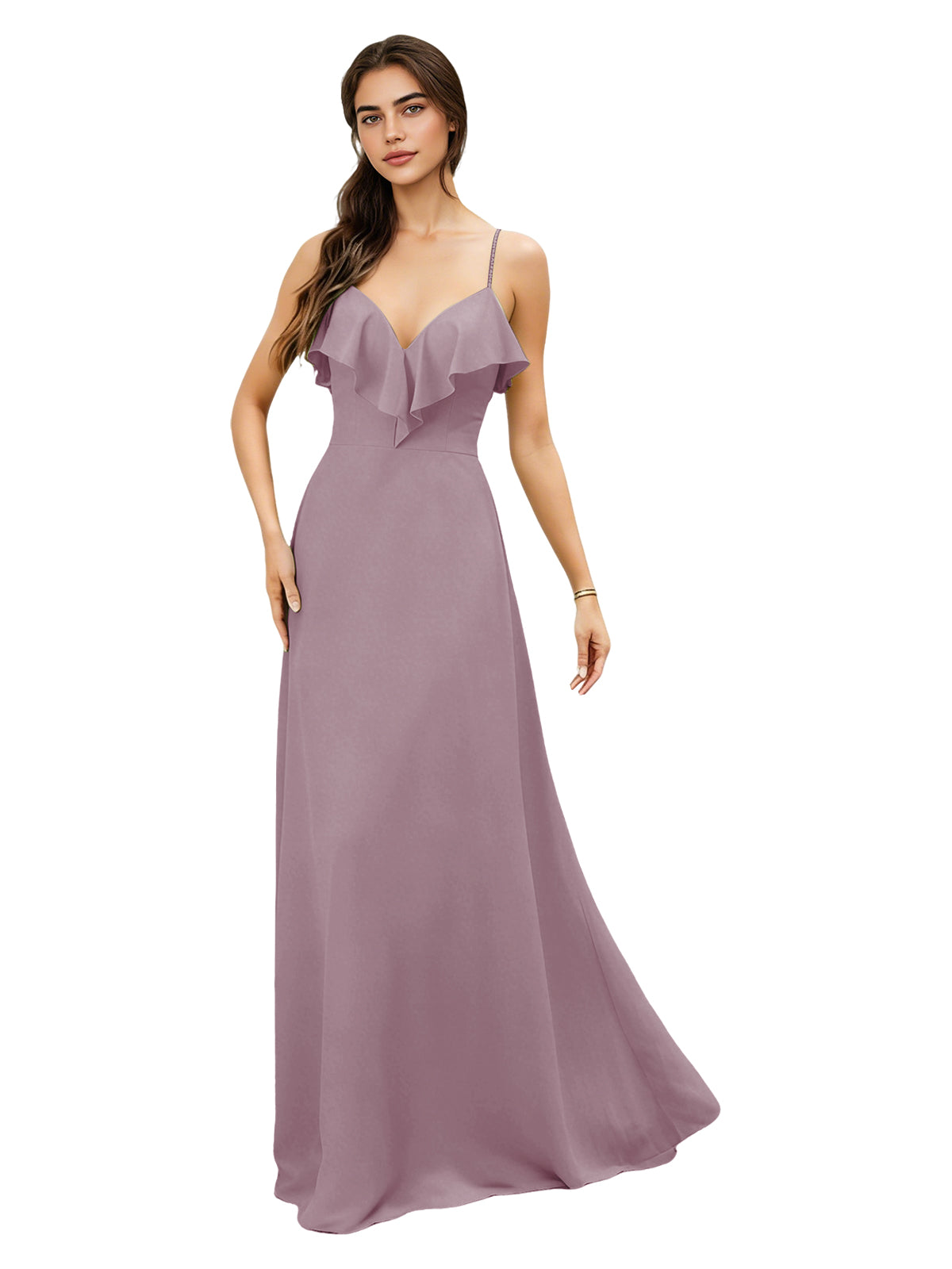 Ruffle V-Neck Chiffon Bridesmaid Dress with Spaghetti Straps
