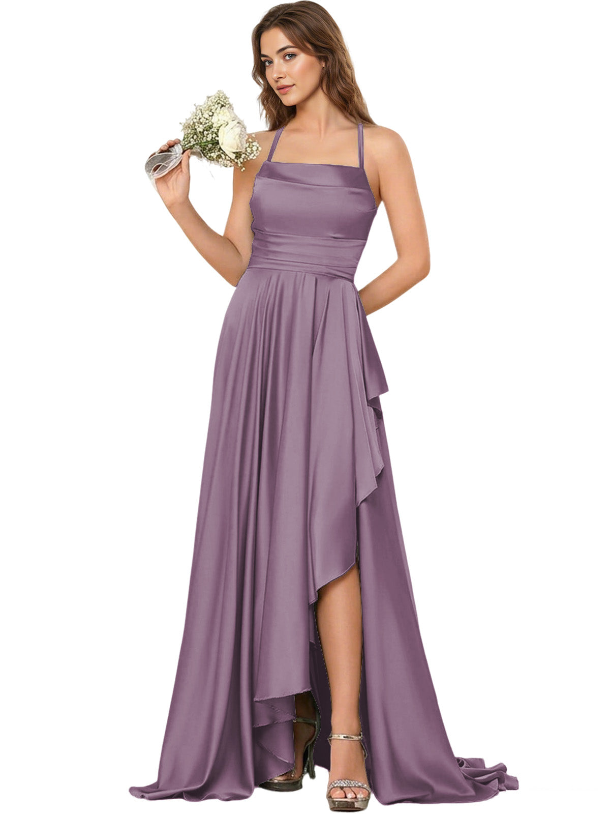 Open Back Halter Bridesmaid Dress with High Low Overlay dress
