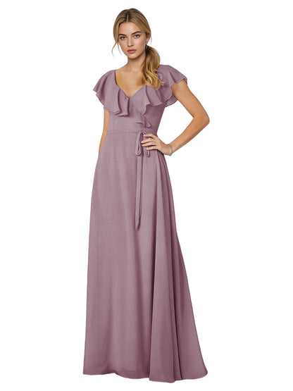 Tie Neck Chiffon Bridesmaid Dress with Flutter Sleeves