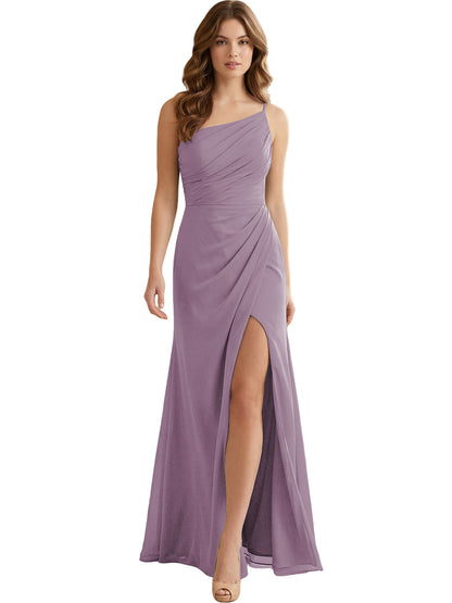 One Shoulder Ruched Chiffon Bridesmaid Dress with Front Slit
