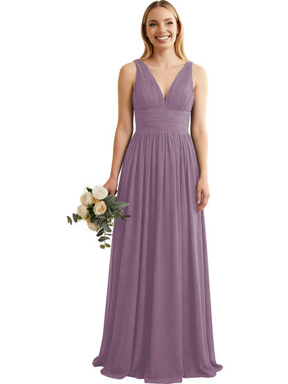 Deep V-Neck Chiffon Bridesmaid Dress with Pleated Waist