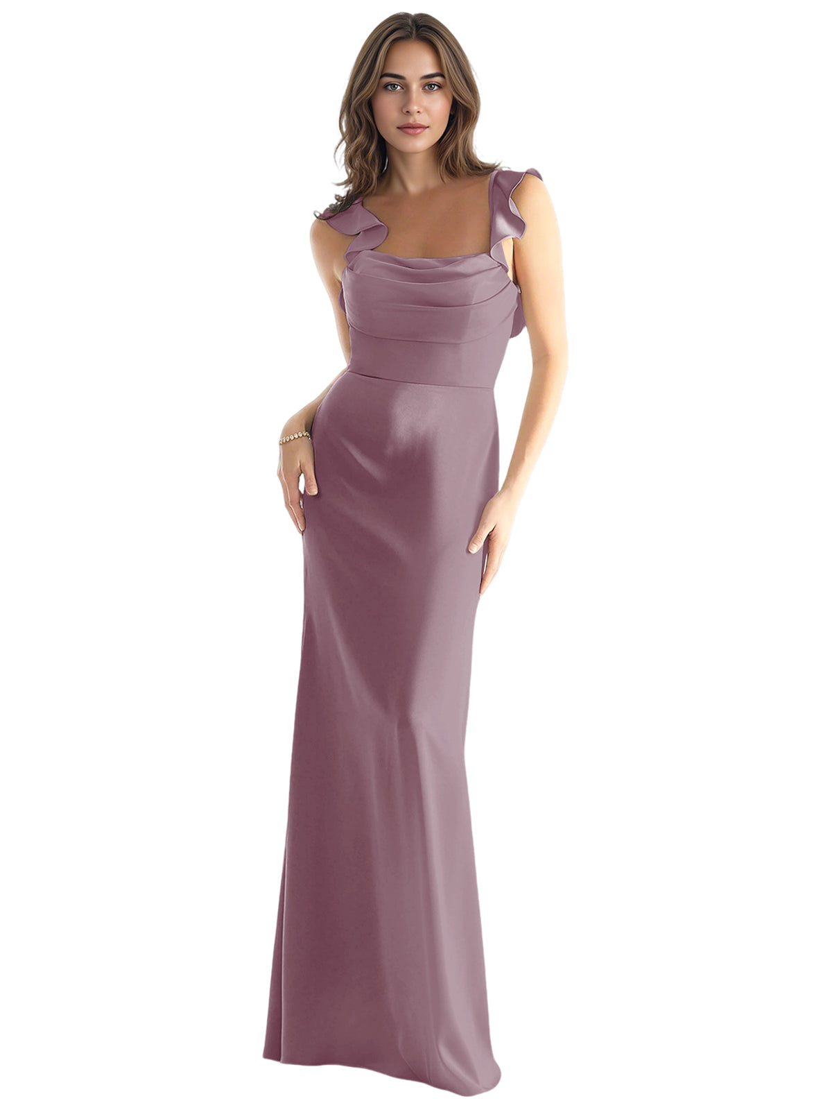 One Shoulder Satin Bridesmaid Dress with Bow Strap and Mermaid Dress