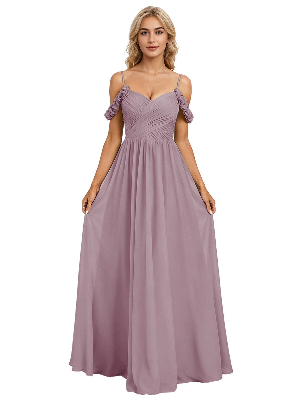 Off Shoulder Lace Applique Bridesmaid Dress with Flowing Chiffon dress