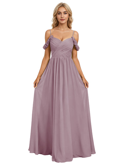 Off Shoulder Lace Applique Bridesmaid Dress with Flowing Chiffon dress