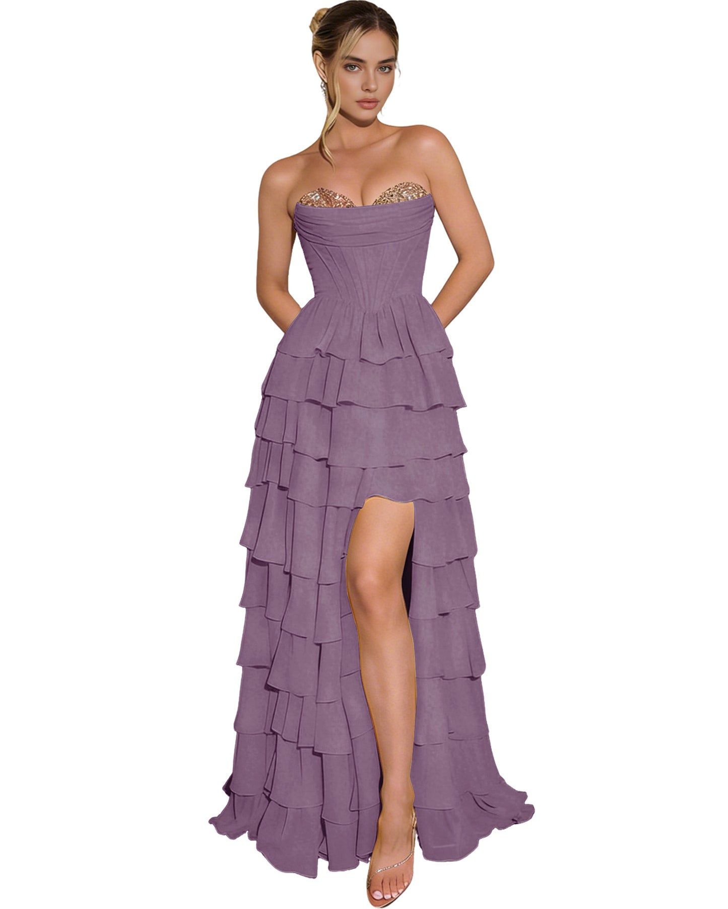Strapless Layered Tulle Prom Dress with Corset Bodice and High Low Hem