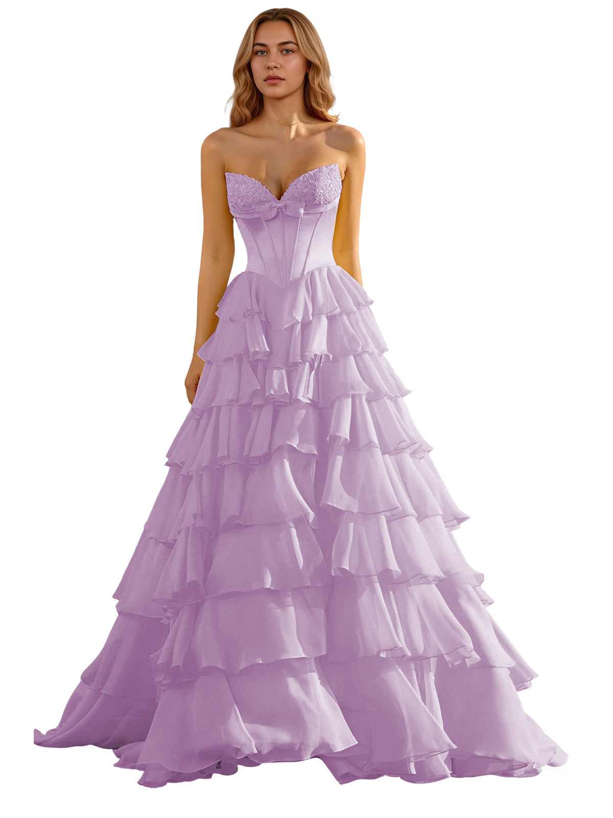 Strapless Tiered Organza Ball Gown Prom Dress with Corset Top