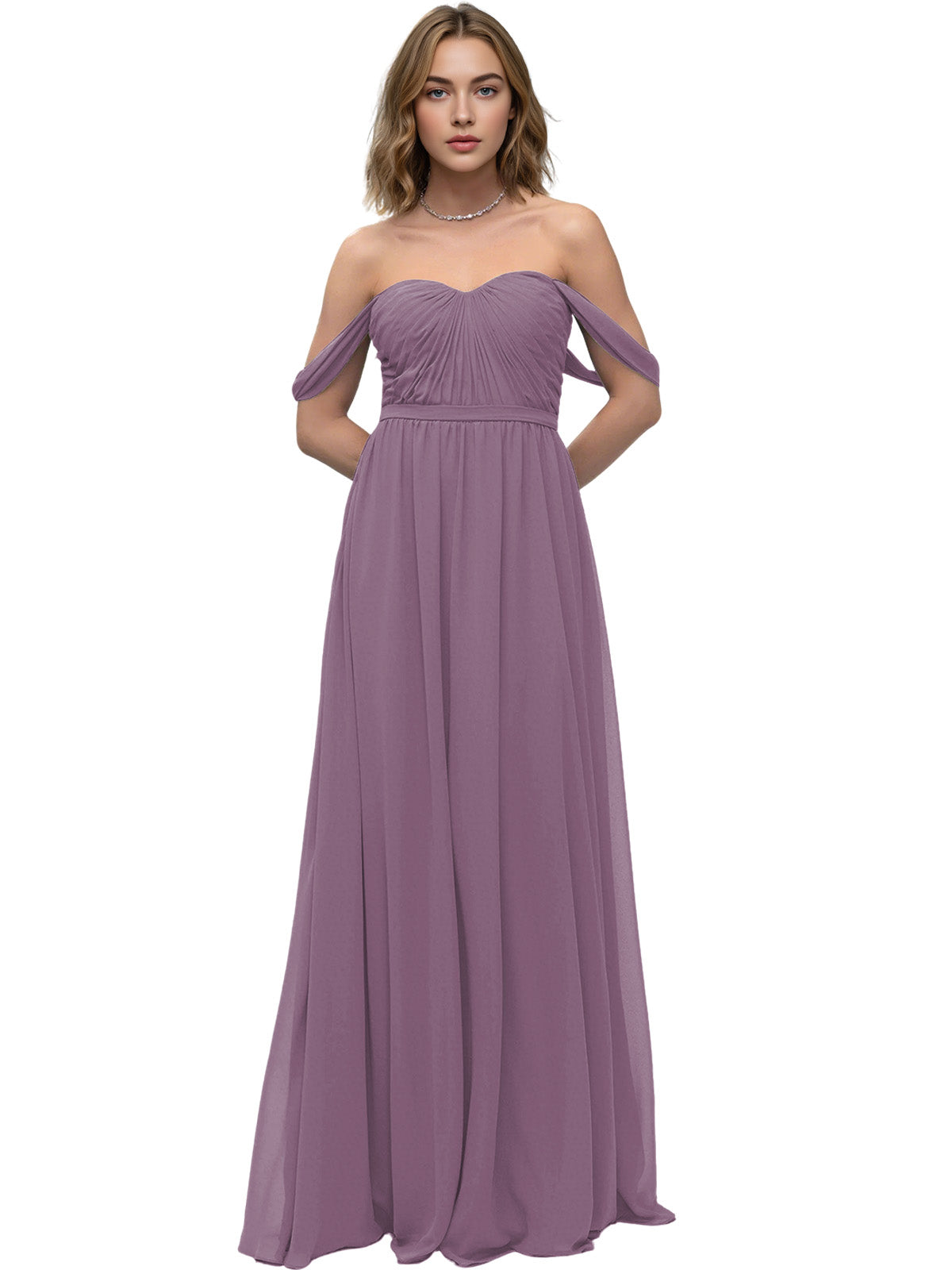 Off Shoulder Sweetheart Chiffon Bridesmaid Dress with Ruched Bodice